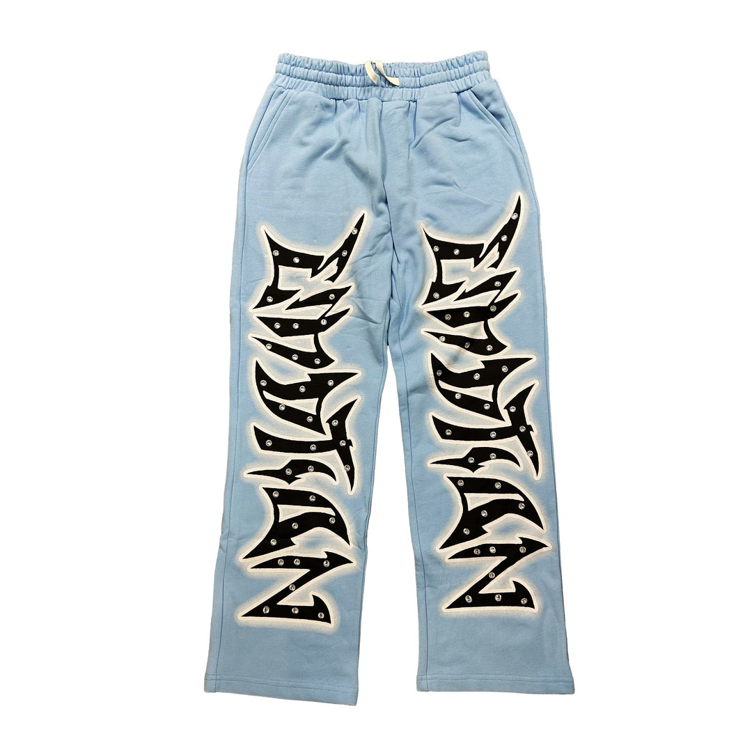 Mixed-Emotion-Blue-Graffiti-Rhinestone-Sweatpants Mixed Emotional Brand Blue Graffiti Sweatpants