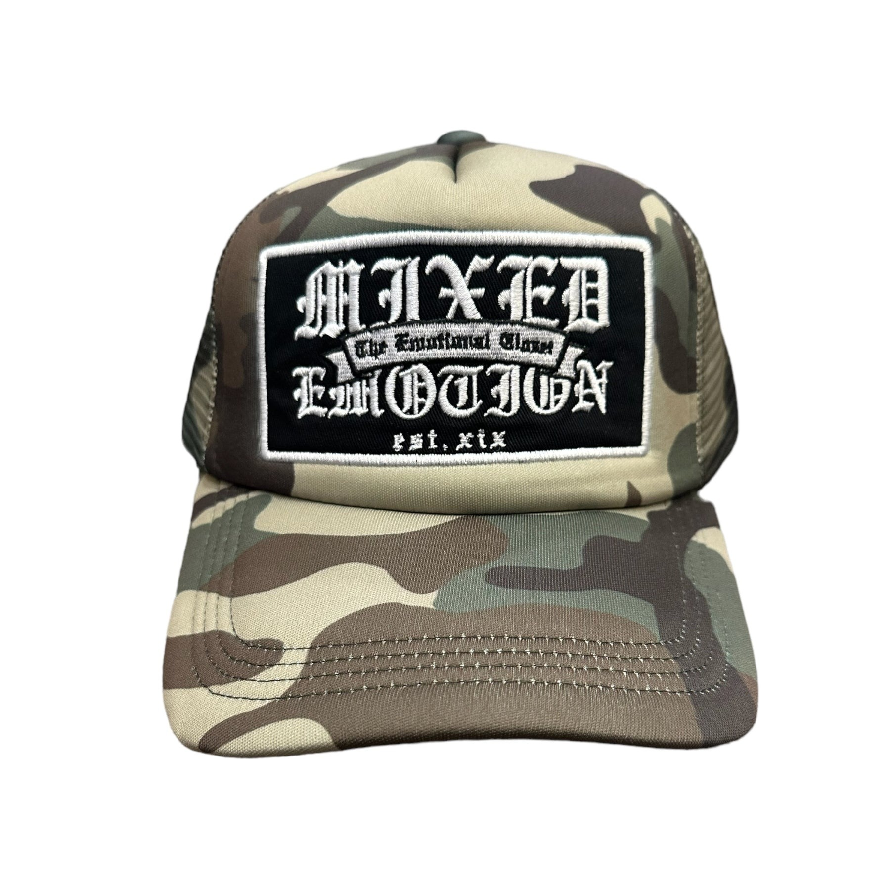 Mixed-Emotions-Camo-Emotional-Trucker-Hat Mixed Emotional Brand Camo Trucker Hat