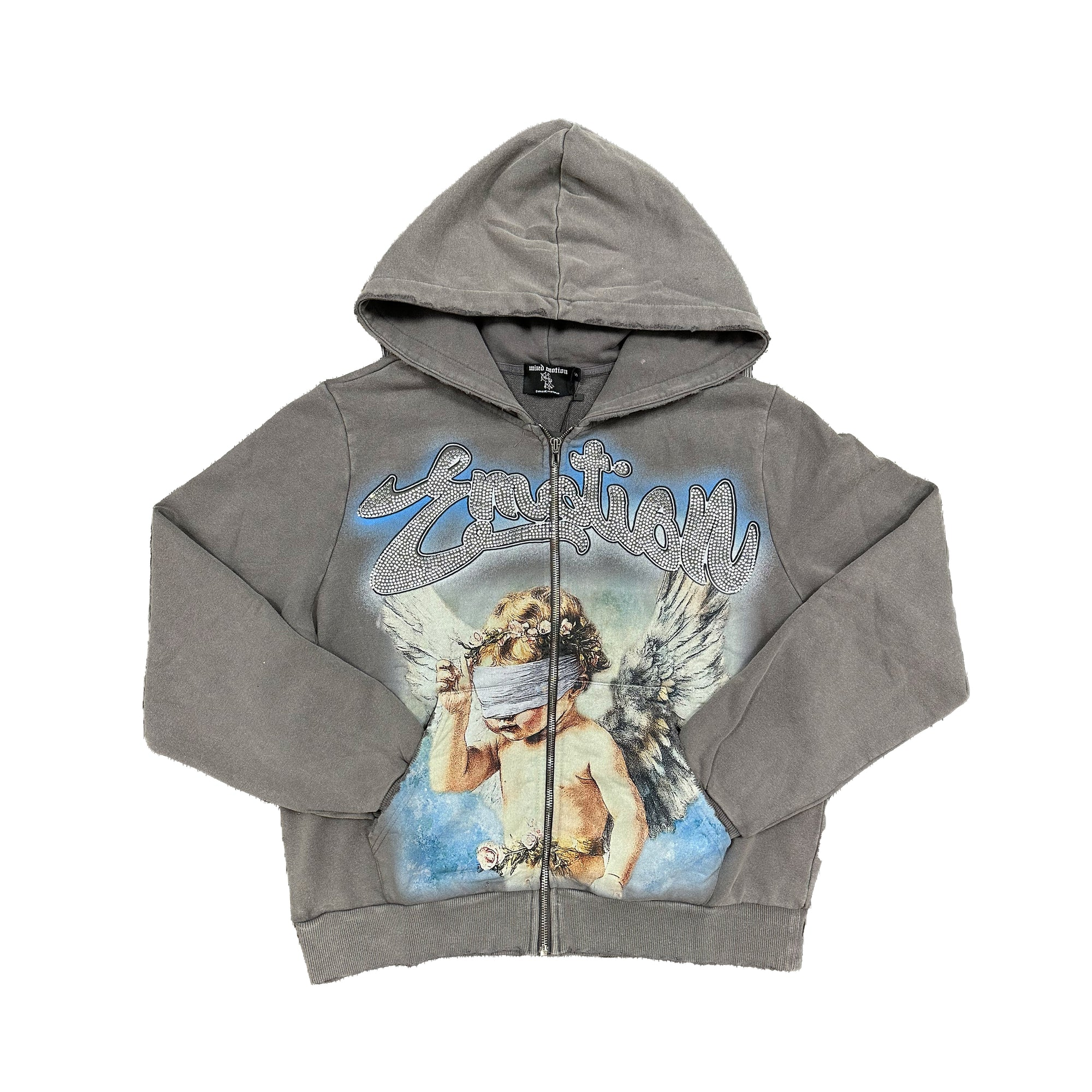 6211DB34-9B6A-4AB1-B1F5-F9599A35EE4B Mixed Emotional Brand Grey Rhinestone Hoodie